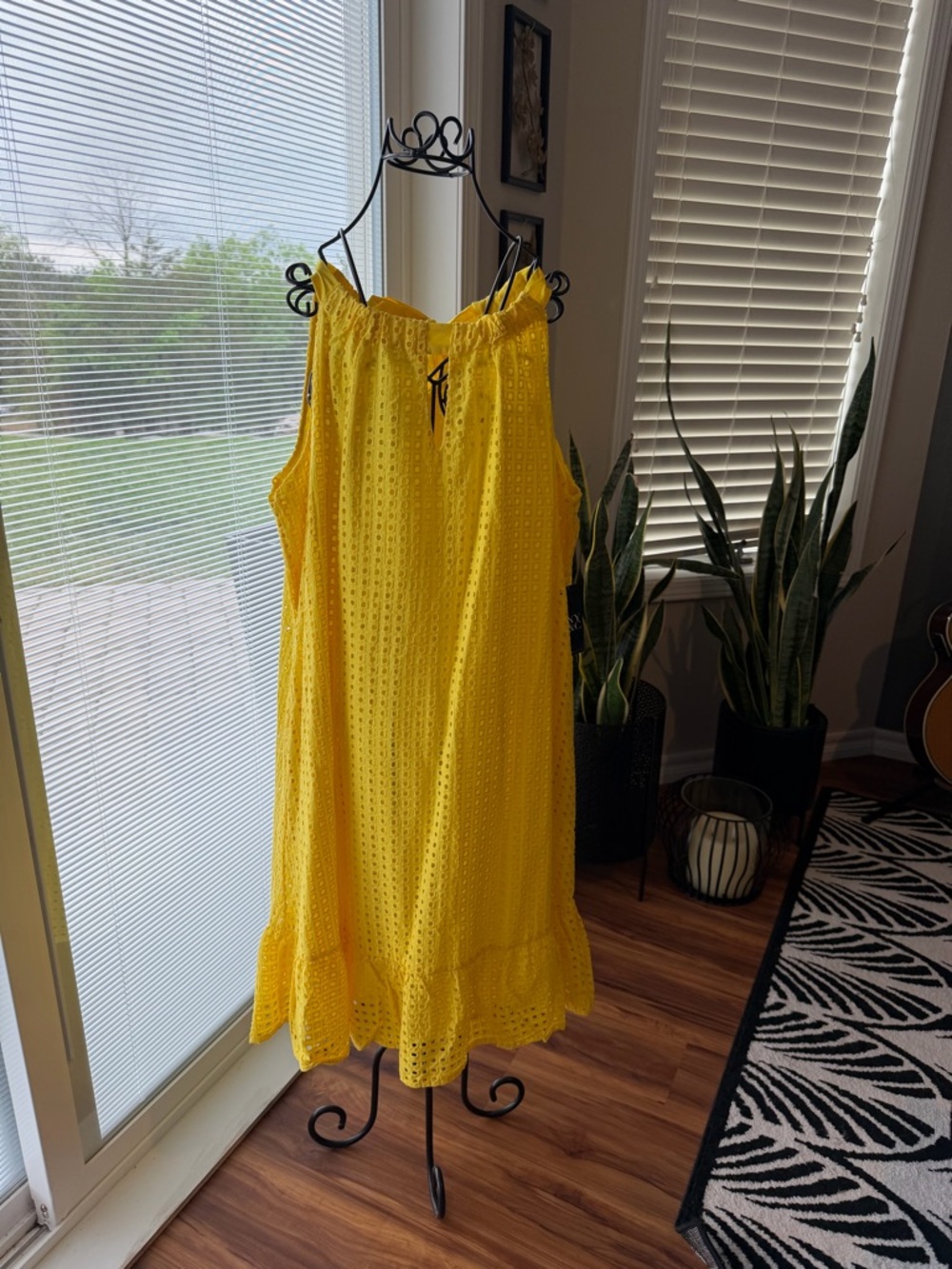 New York & Company Bright Yellow Eyelet Midi Dress